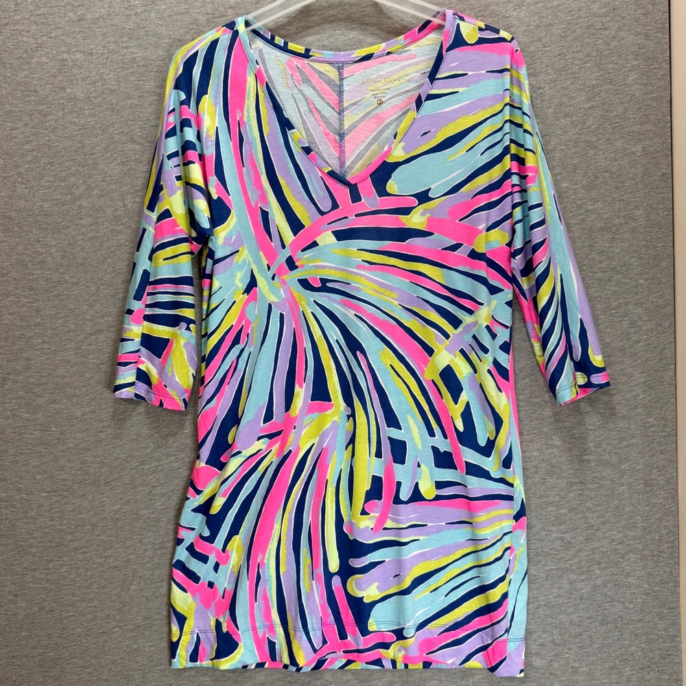 Lilly Pulitzer Cori Dress Womens M Multicolor Abstract Palm 3/4 Sleeve Tropical